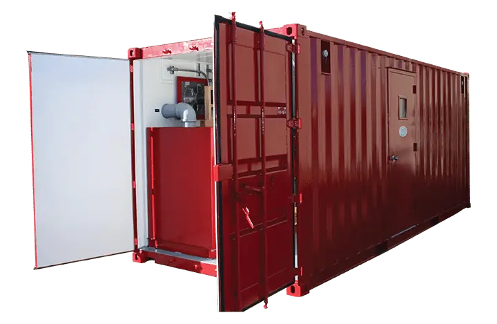 PSI dewatering unit in a shipping container with the doors open
