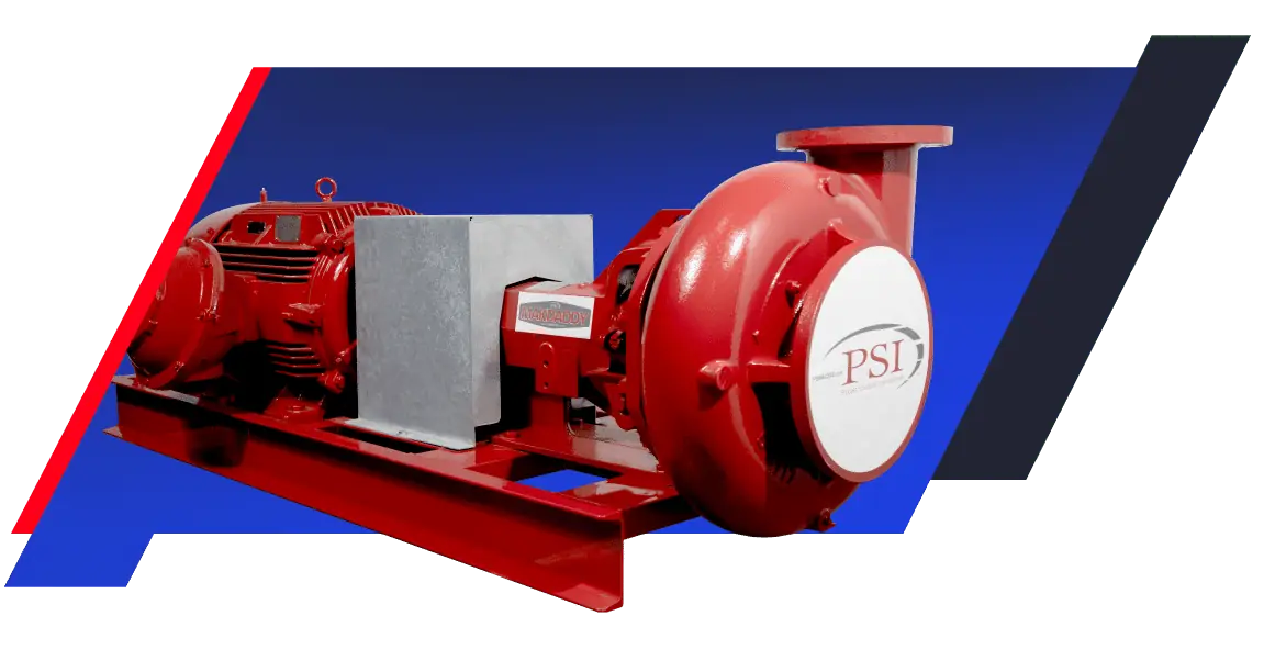 Red PSI centrifugal pump and motor on a skid against a blue background