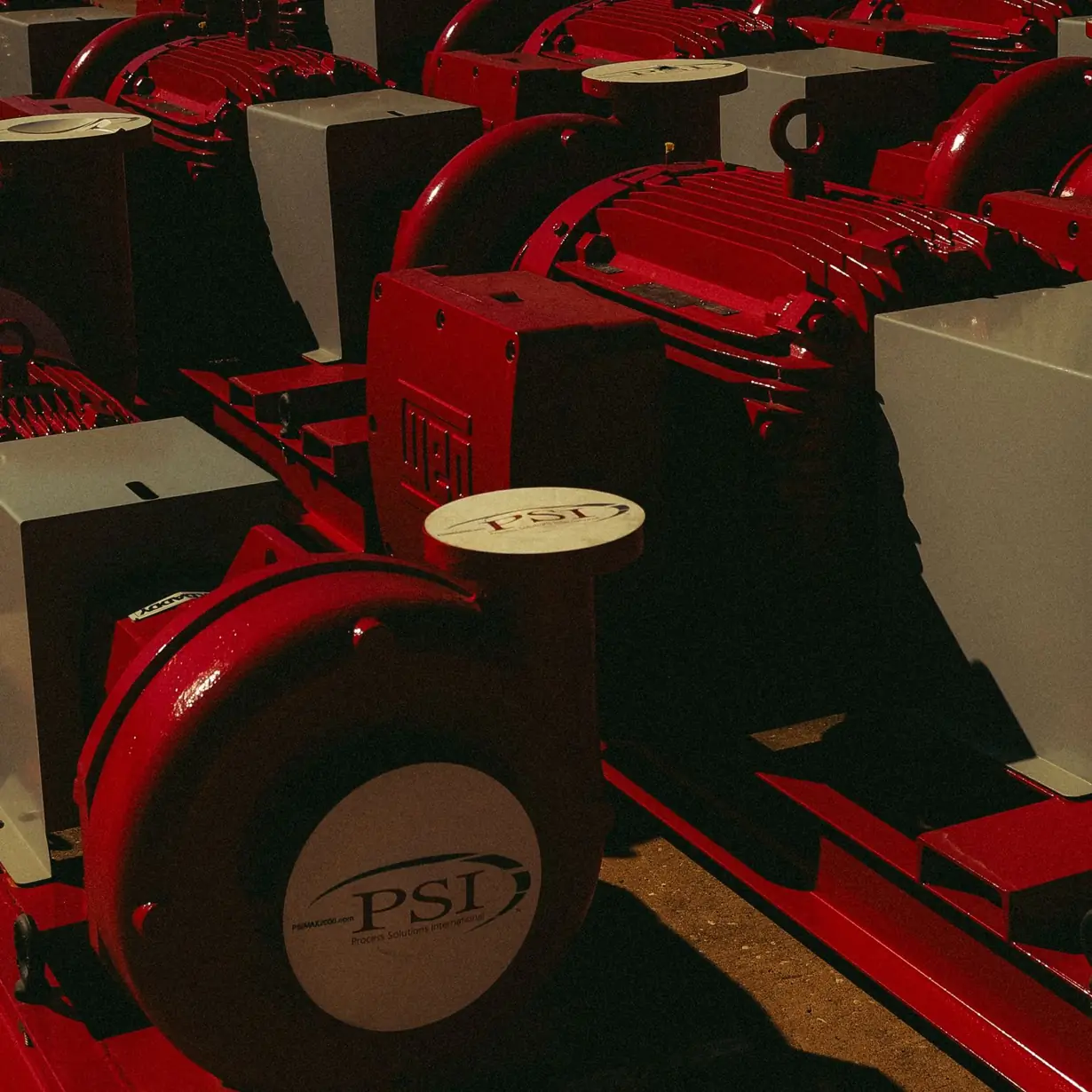 Close-up of PSI centrifugal pump casings in an industrial pump supplier's inventory