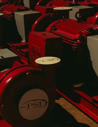 Industrial equipment supplier Rows of red PSI centrifugal pumps with electric motors in stock, ready to ship